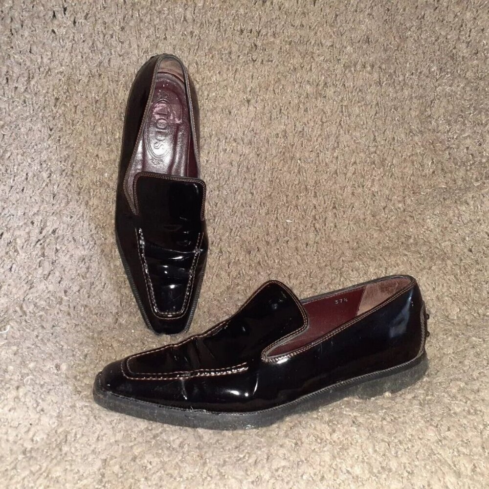 TOD'S-Black Patent-Contrast Stitch-Square Toe-Rubber Soles-SZ 37.5-Excellent
